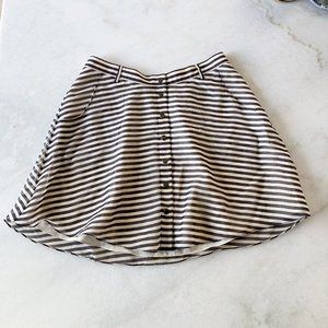 Club Monaco striped skirt 100% silk, cream / grey A line circle skirt, buttons